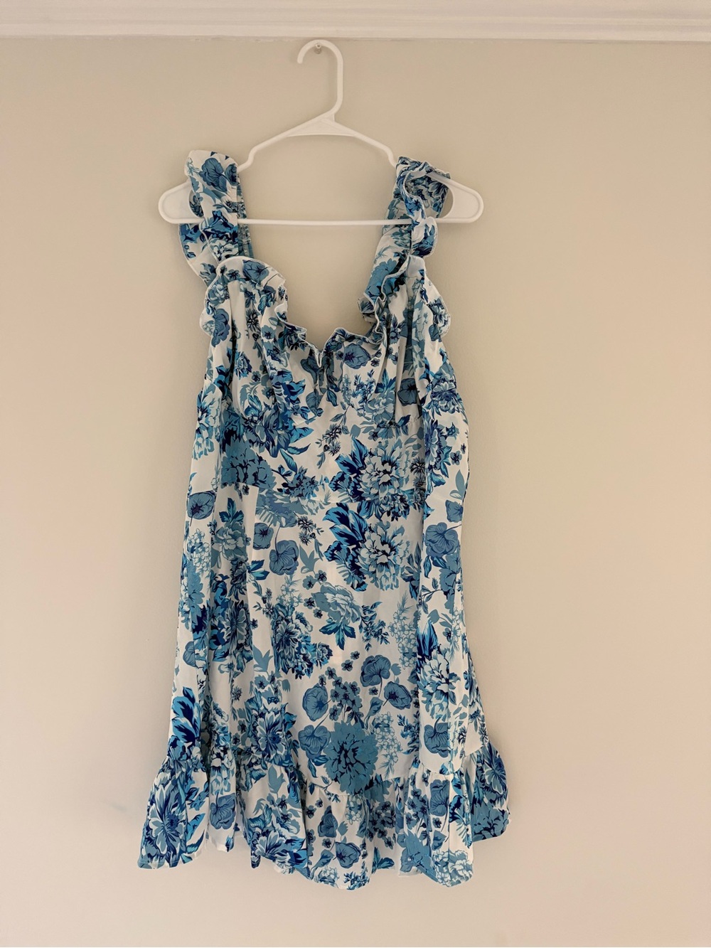 Blue and White Floral Ruffle-Strap Sundress